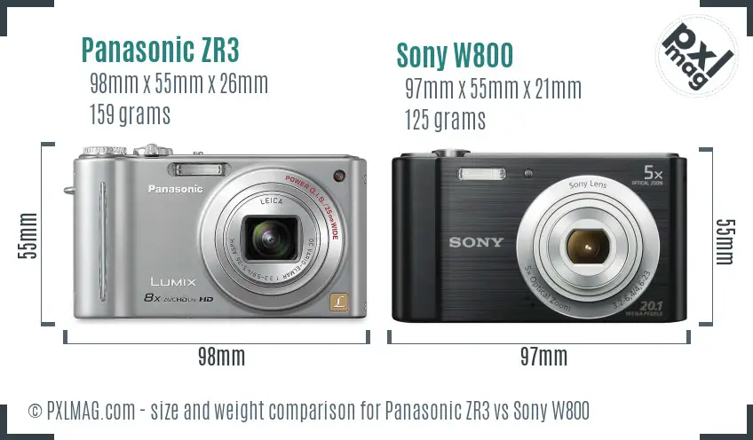 Panasonic ZR3 vs Sony W800 size comparison