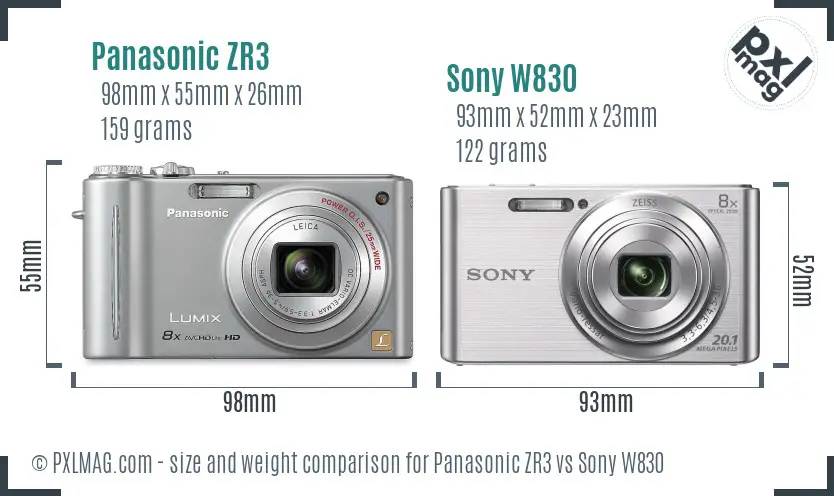 Panasonic ZR3 vs Sony W830 size comparison