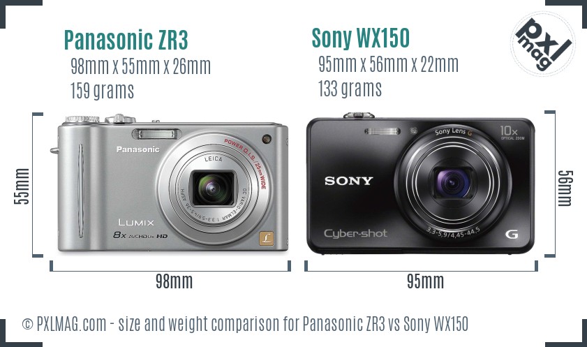 Panasonic ZR3 vs Sony WX150 size comparison