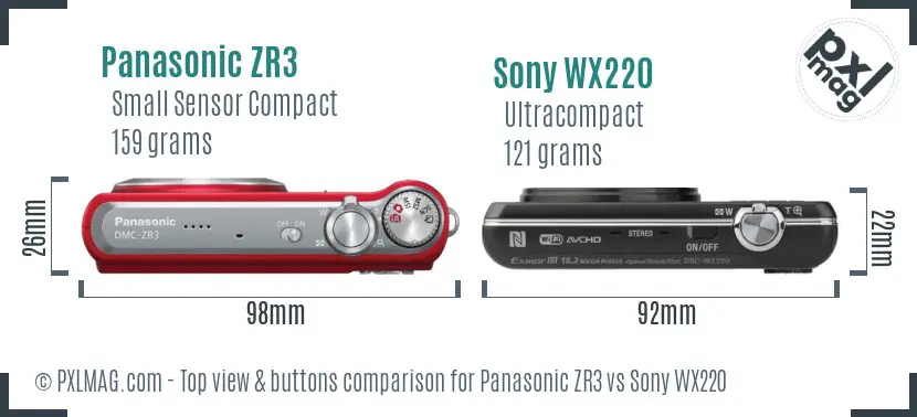 Panasonic ZR3 vs Sony WX220 top view buttons comparison Panasonic ZR3 vs Sony WX220 top view buttons comparison