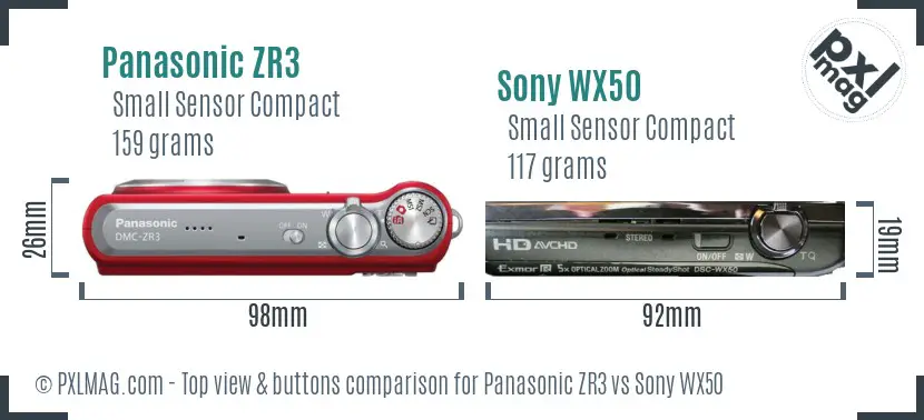 Panasonic ZR3 vs Sony WX50 top view buttons comparison