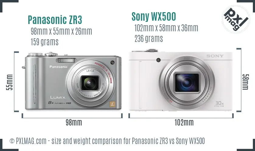 Panasonic ZR3 vs Sony WX500 size comparison