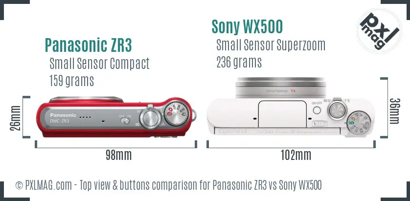 Panasonic ZR3 vs Sony WX500 top view buttons comparison
