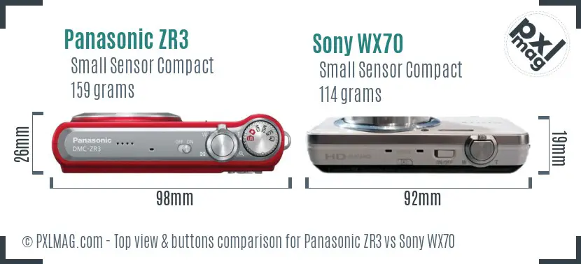 Panasonic ZR3 vs Sony WX70 top view buttons comparison Panasonic ZR3 vs Sony WX70 top view buttons comparison