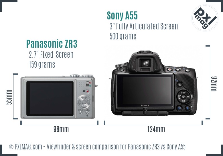 Panasonic ZR3 vs Sony A55 Screen and Viewfinder comparison