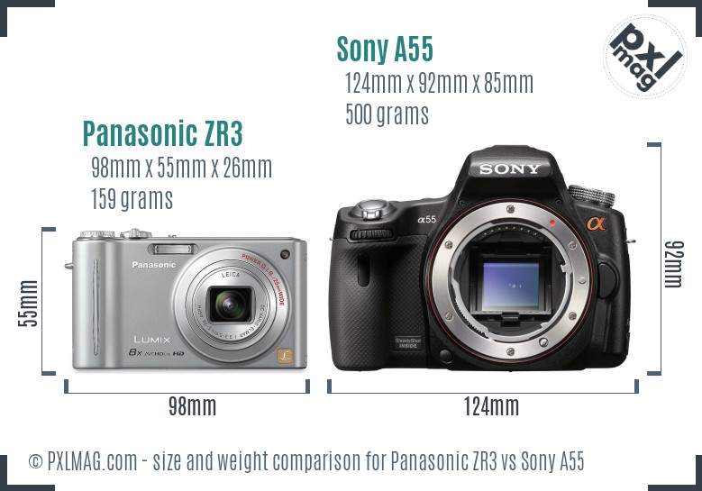 Panasonic ZR3 vs Sony A55 size comparison