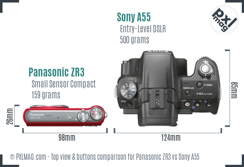 Panasonic ZR3 vs Sony A55 top view buttons comparison