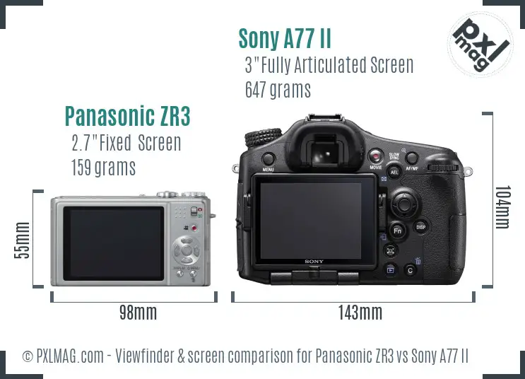 Panasonic ZR3 vs Sony A77 II Screen and Viewfinder comparison