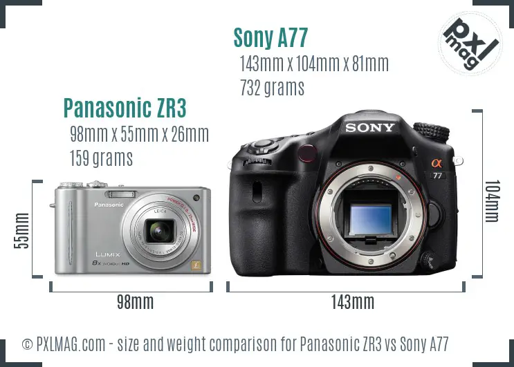 Panasonic ZR3 vs Sony A77 size comparison