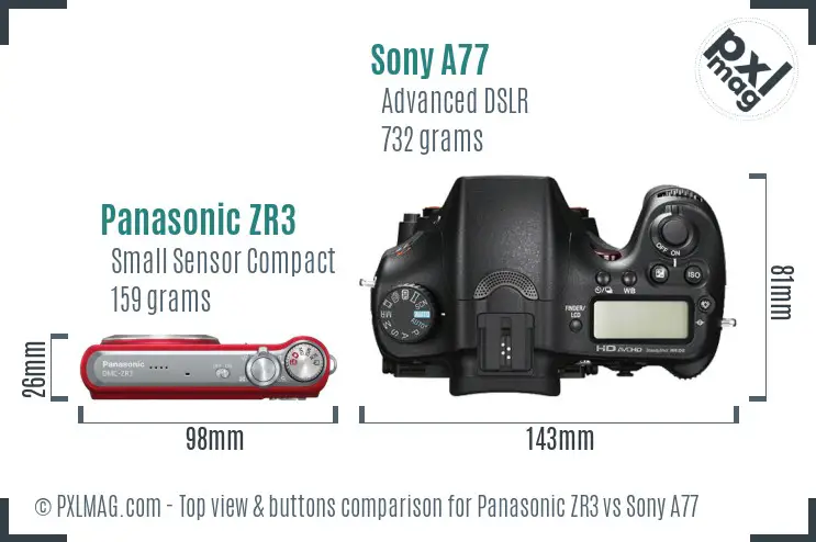 Panasonic ZR3 vs Sony A77 top view buttons comparison