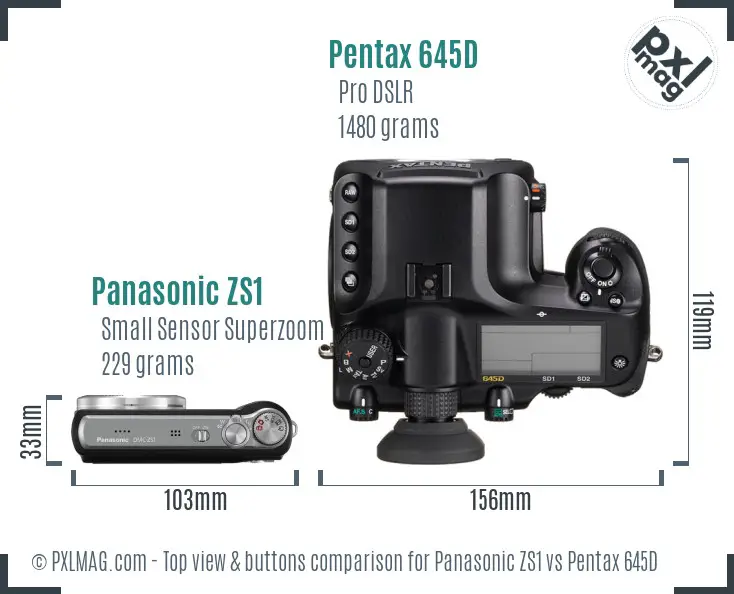 Panasonic ZS1 vs Pentax 645D top view buttons comparison