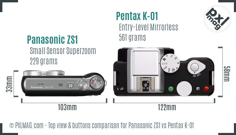 Panasonic ZS1 vs Pentax K-01 top view buttons comparison