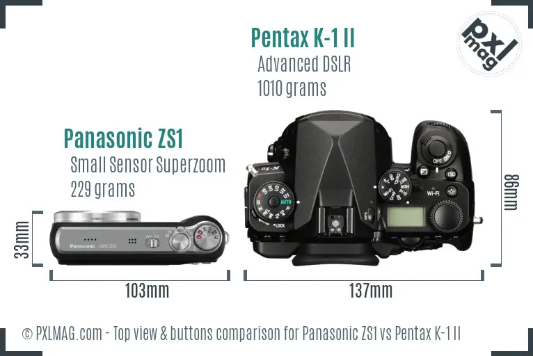 Panasonic ZS1 vs Pentax K-1 II top view buttons comparison
