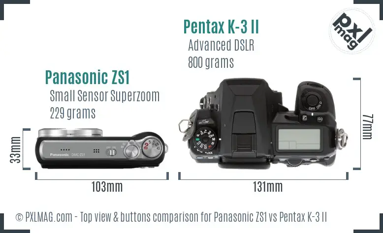 Panasonic ZS1 vs Pentax K-3 II top view buttons comparison