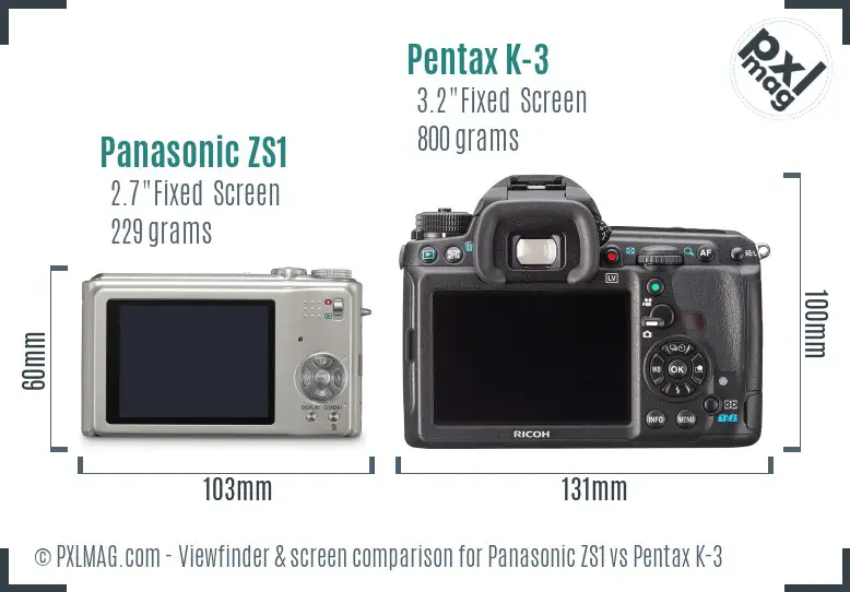 Panasonic ZS1 vs Pentax K-3 Screen and Viewfinder comparison