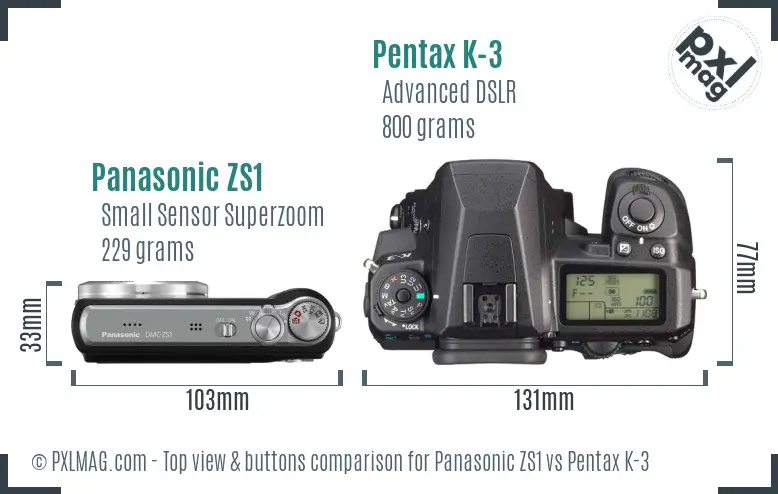 Panasonic ZS1 vs Pentax K-3 top view buttons comparison