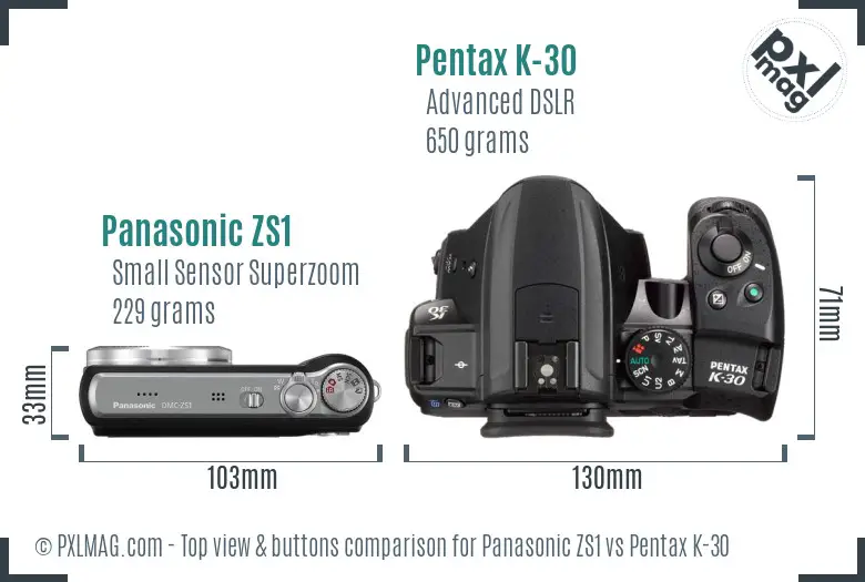 Panasonic ZS1 vs Pentax K-30 top view buttons comparison