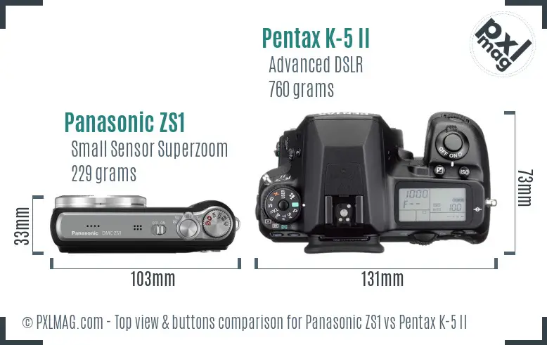Panasonic ZS1 vs Pentax K-5 II top view buttons comparison