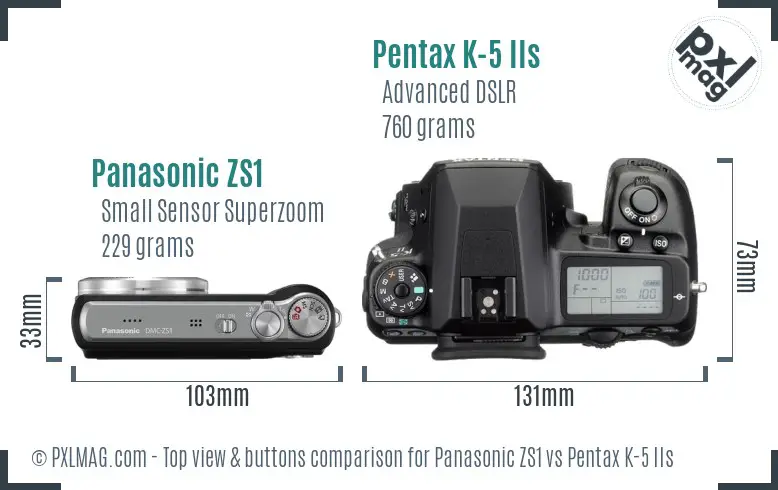 Panasonic ZS1 vs Pentax K-5 IIs top view buttons comparison