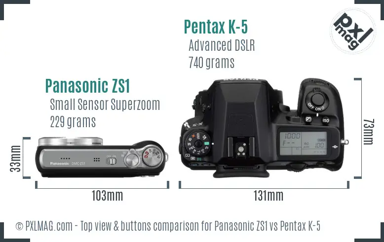 Panasonic ZS1 vs Pentax K-5 top view buttons comparison