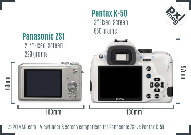Panasonic ZS1 vs Pentax K-50 Screen and Viewfinder comparison