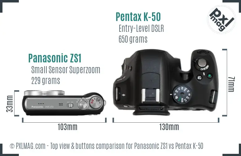Panasonic ZS1 vs Pentax K-50 top view buttons comparison