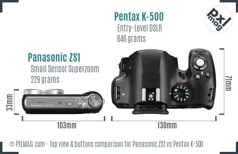Panasonic ZS1 vs Pentax K-500 top view buttons comparison