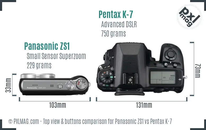 Panasonic ZS1 vs Pentax K-7 top view buttons comparison