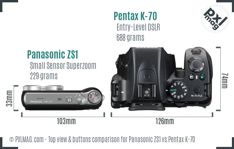 Panasonic ZS1 vs Pentax K-70 top view buttons comparison