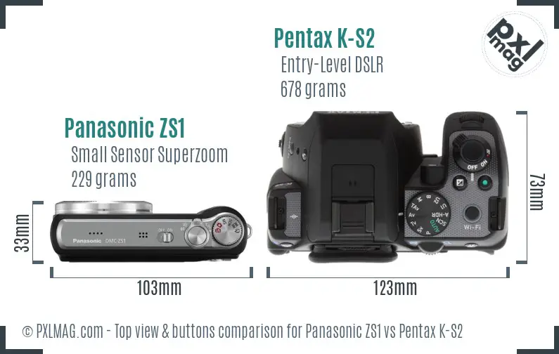 Panasonic ZS1 vs Pentax K-S2 top view buttons comparison