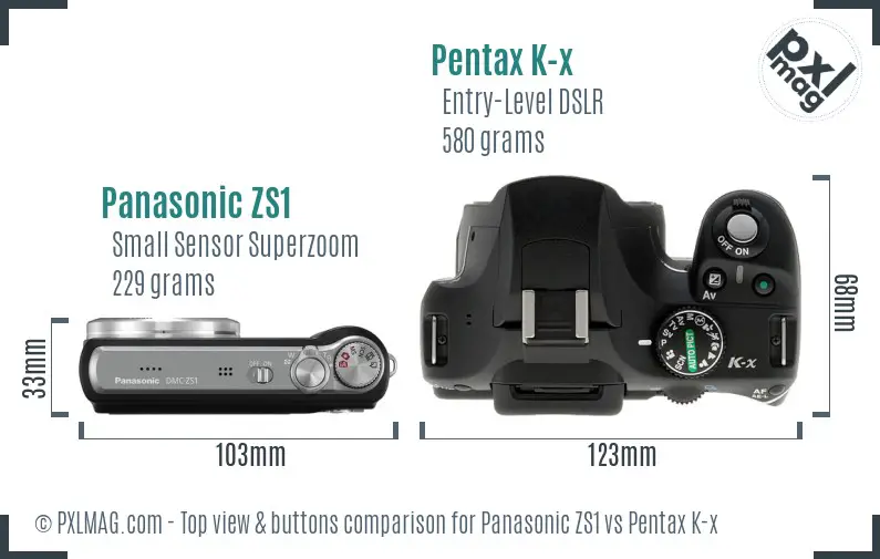 Panasonic ZS1 vs Pentax K-x top view buttons comparison