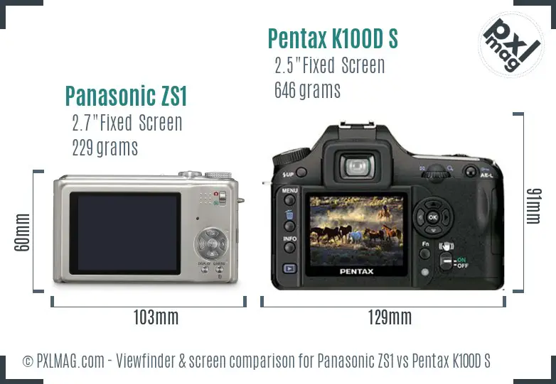 Panasonic ZS1 vs Pentax K100D S Screen and Viewfinder comparison
