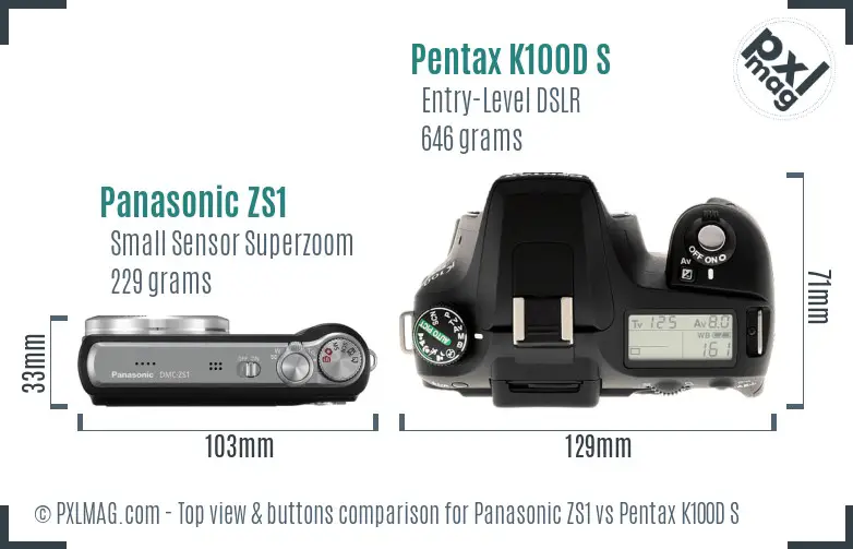 Panasonic ZS1 vs Pentax K100D S top view buttons comparison
