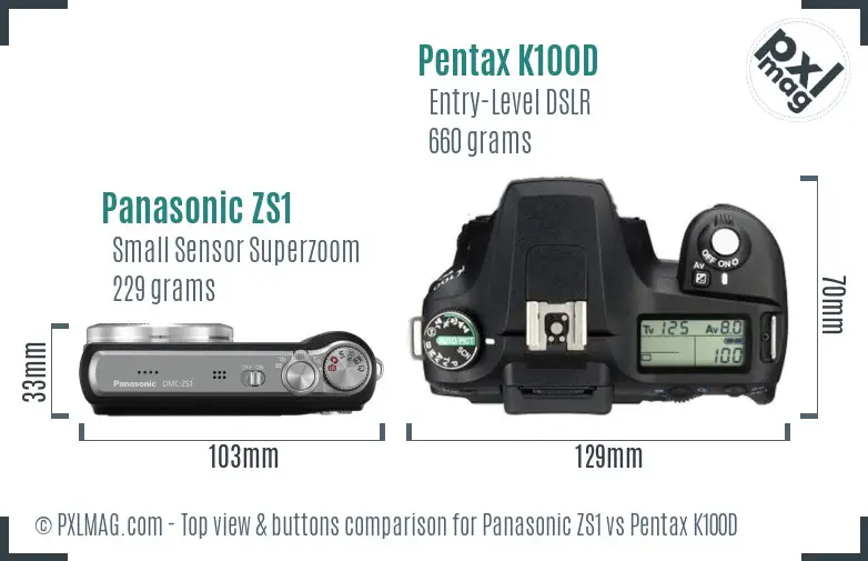 Panasonic ZS1 vs Pentax K100D top view buttons comparison