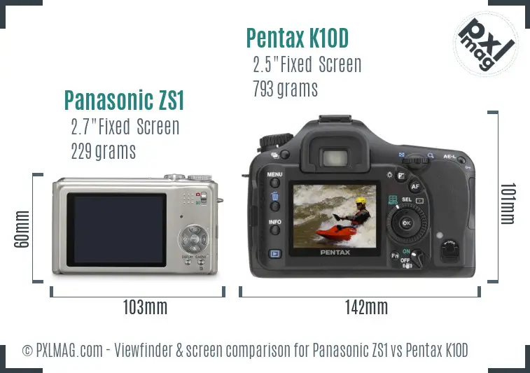 Panasonic ZS1 vs Pentax K10D Screen and Viewfinder comparison