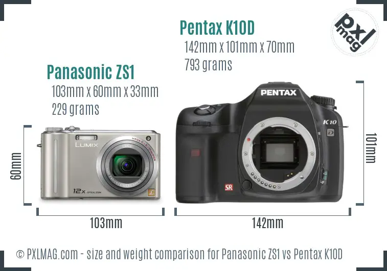 Panasonic ZS1 vs Pentax K10D size comparison