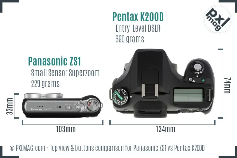 Panasonic ZS1 vs Pentax K200D top view buttons comparison
