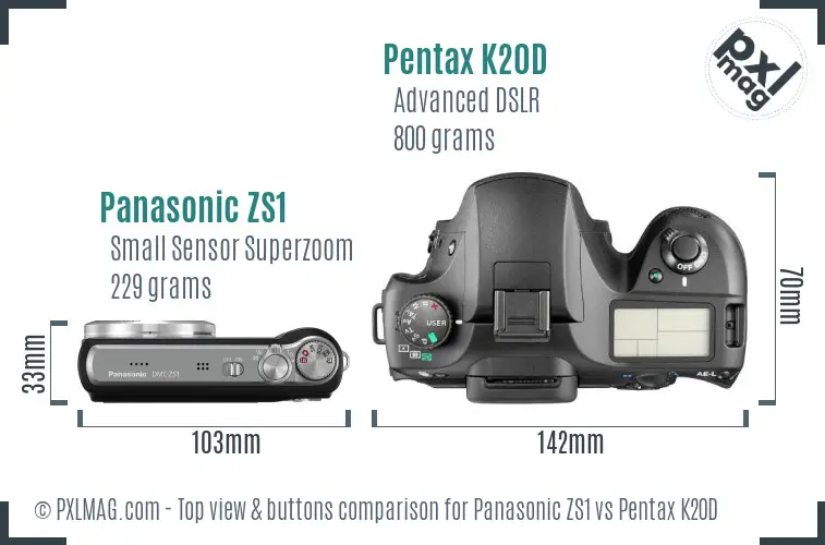 Panasonic ZS1 vs Pentax K20D top view buttons comparison