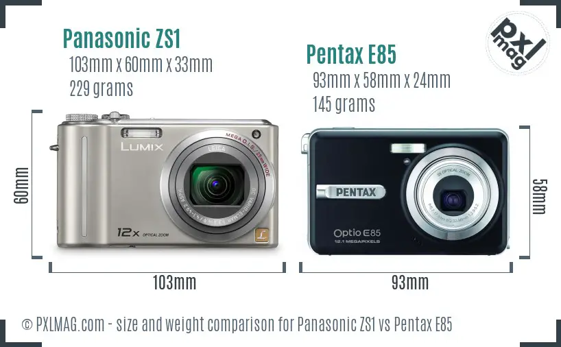 Panasonic ZS1 vs Pentax E85 size comparison