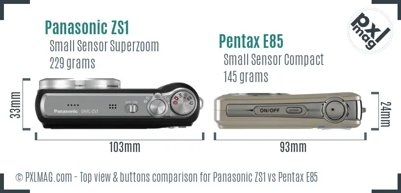 Panasonic ZS1 vs Pentax E85 top view buttons comparison