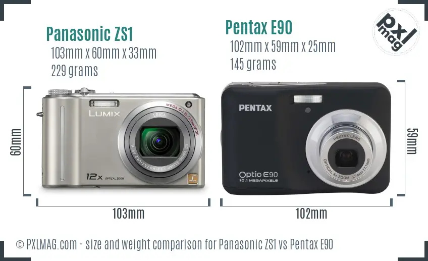 Panasonic ZS1 vs Pentax E90 size comparison