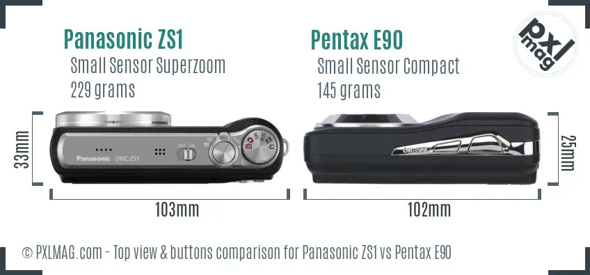 Panasonic ZS1 vs Pentax E90 top view buttons comparison