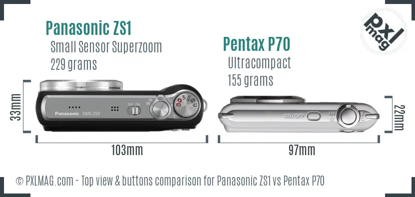 Panasonic ZS1 vs Pentax P70 top view buttons comparison