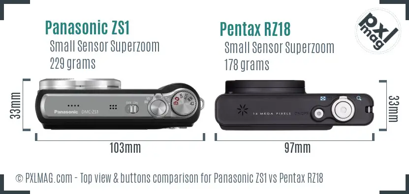 Panasonic ZS1 vs Pentax RZ18 top view buttons comparison