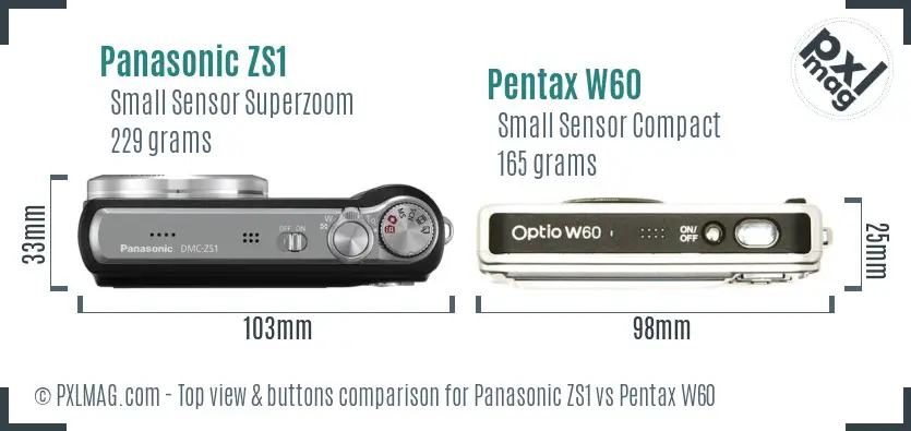 Panasonic ZS1 vs Pentax W60 top view buttons comparison