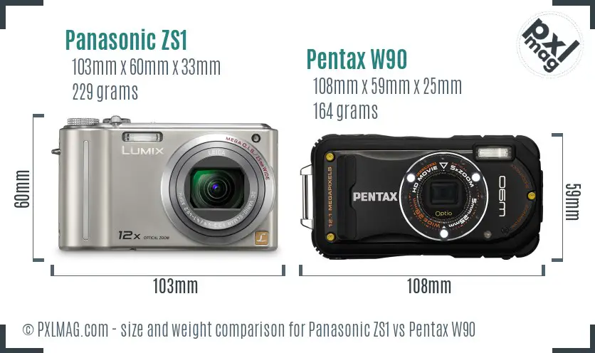 Panasonic ZS1 vs Pentax W90 size comparison