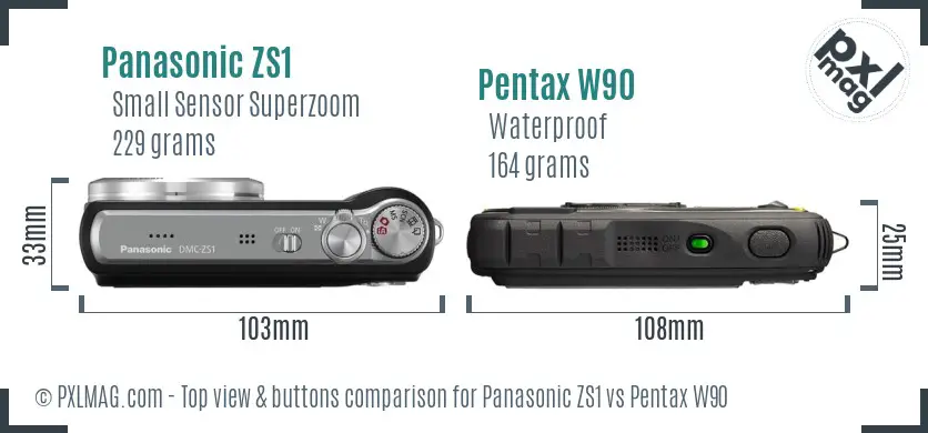 Panasonic ZS1 vs Pentax W90 top view buttons comparison