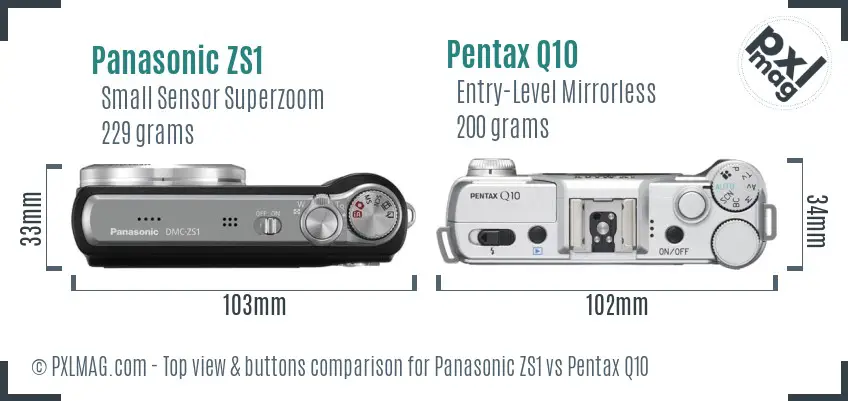 Panasonic ZS1 vs Pentax Q10 top view buttons comparison