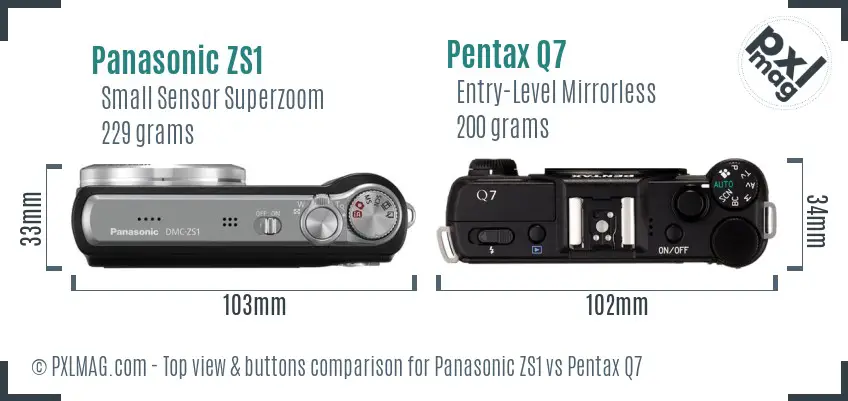 Panasonic ZS1 vs Pentax Q7 top view buttons comparison