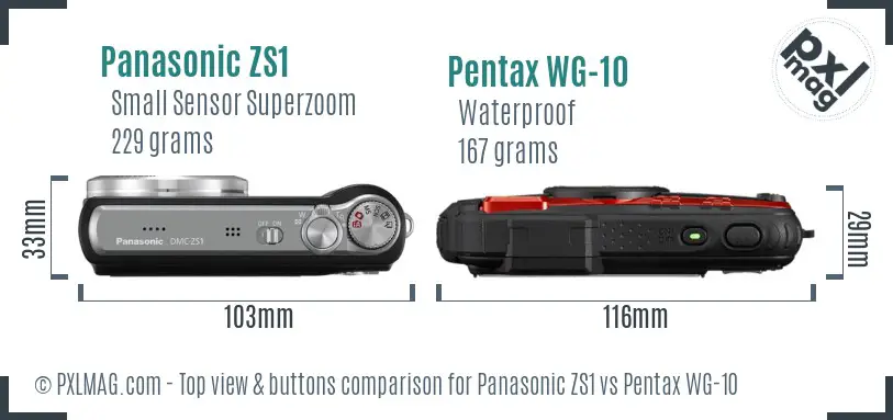 Panasonic ZS1 vs Pentax WG-10 top view buttons comparison Panasonic ZS1 vs Pentax WG-10 top view buttons comparison